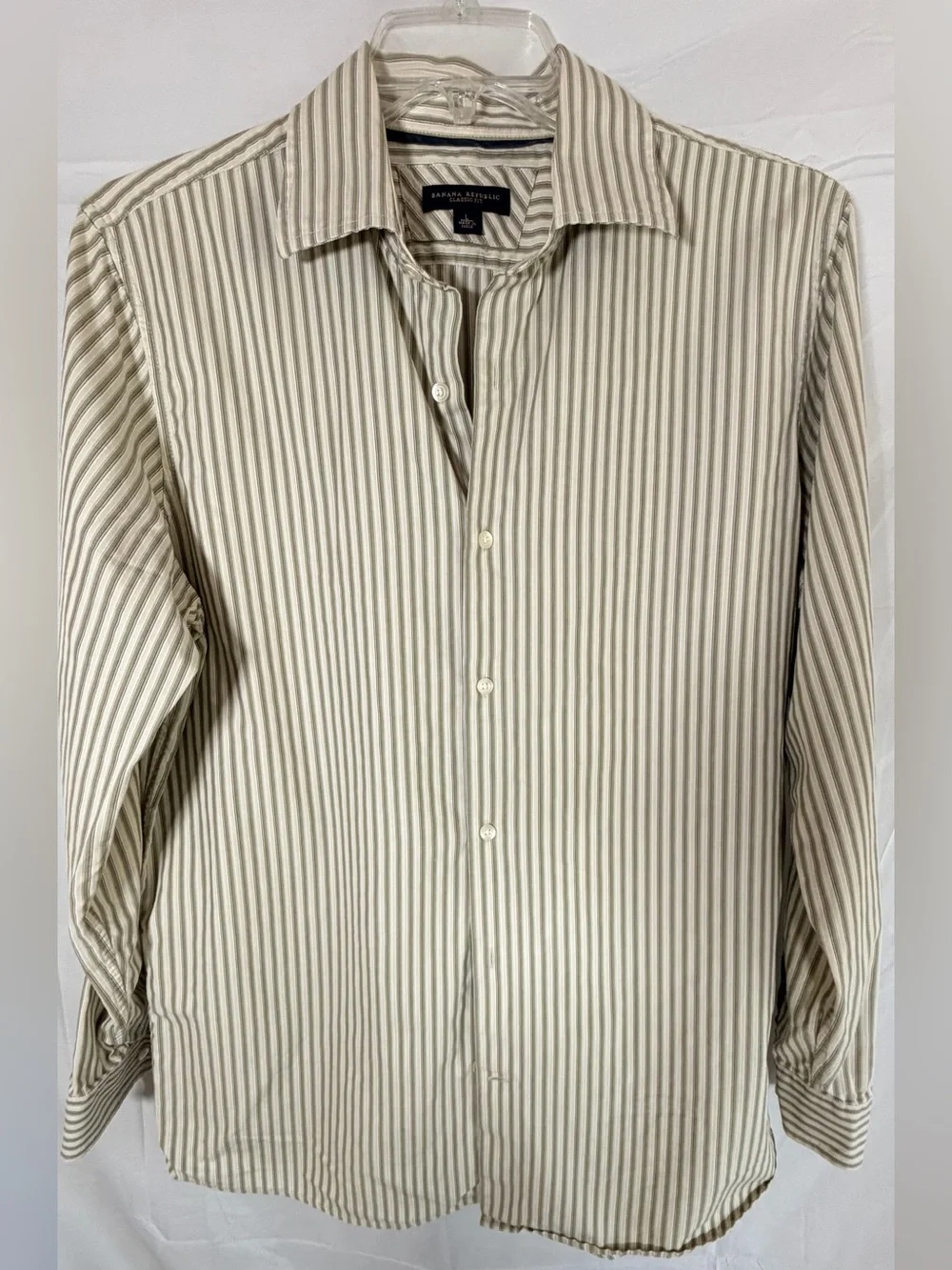 Banana Republic Men's Cream and Olive Vertical Stripe Dress Shirt